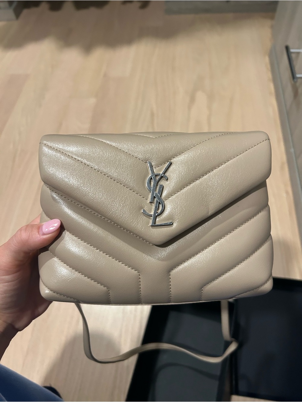 Saint Laurent Taupe Chevron Quilted Leather Crossbody with Silver YSL